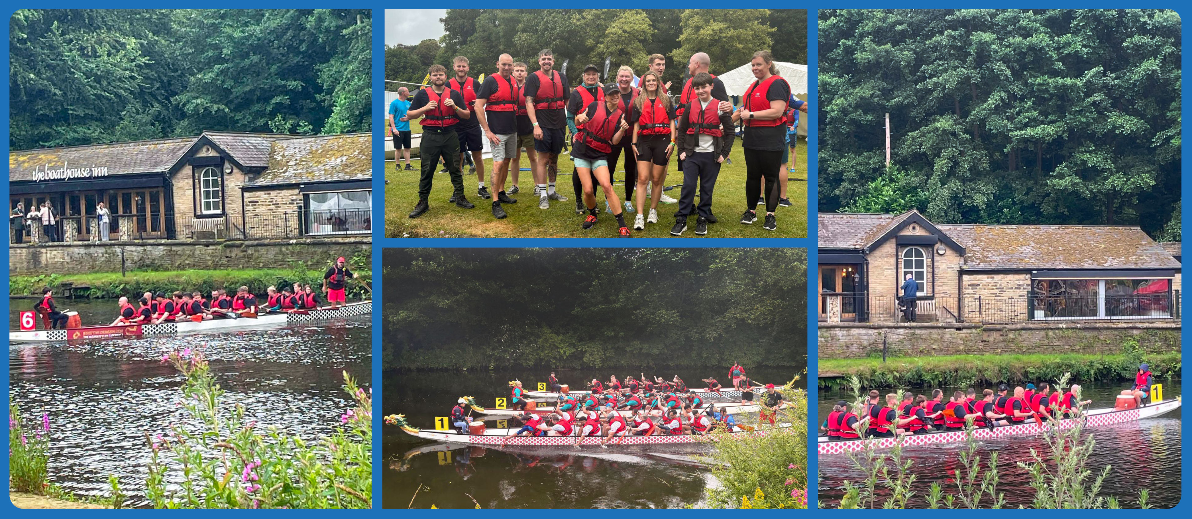 Collage of images showing a Dragon Boat in a river full of people in red life jackets